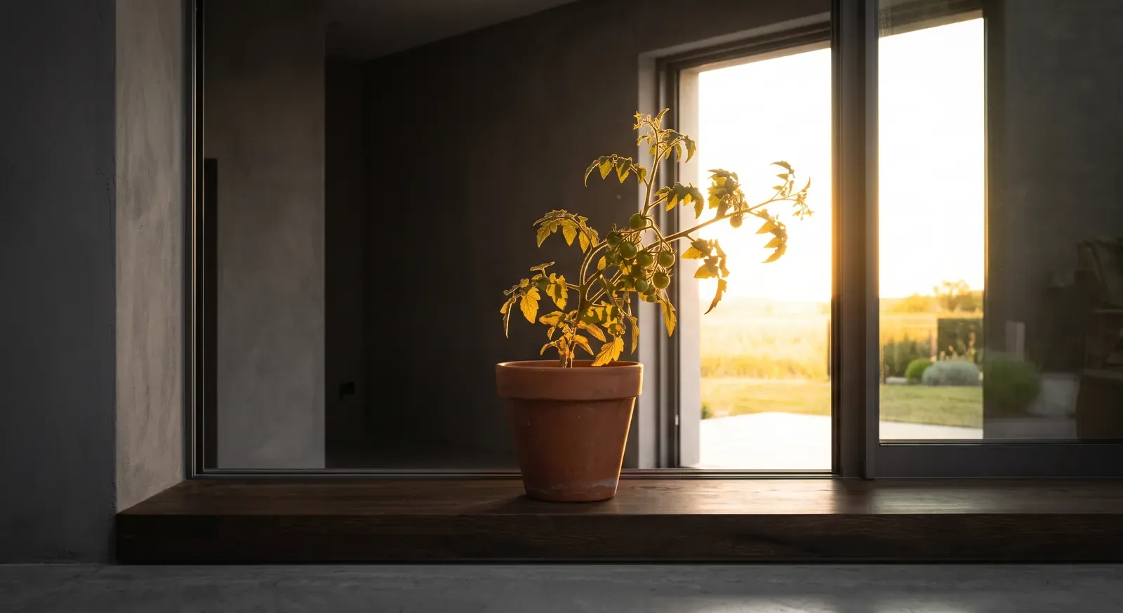 A potted plant on a windowsill, every stem leaning toward the low sun outside.