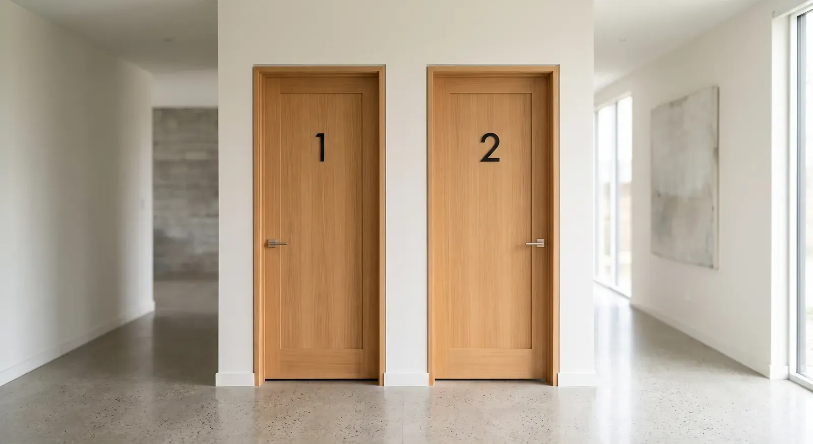 Two plain wooden doors side by side in a bright hallway, numbered 1 and 2.